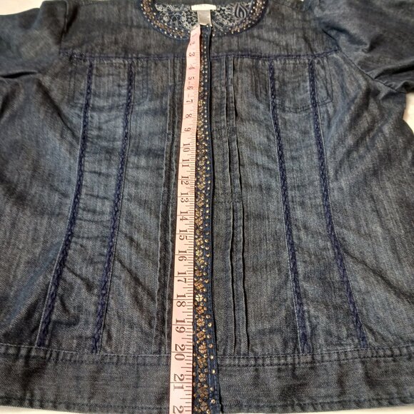 Chico's Size 3, Denim Jacket, Dark Blue, Embellished, Beautifully Lined, 3 = XL - Picture 9 of 12
